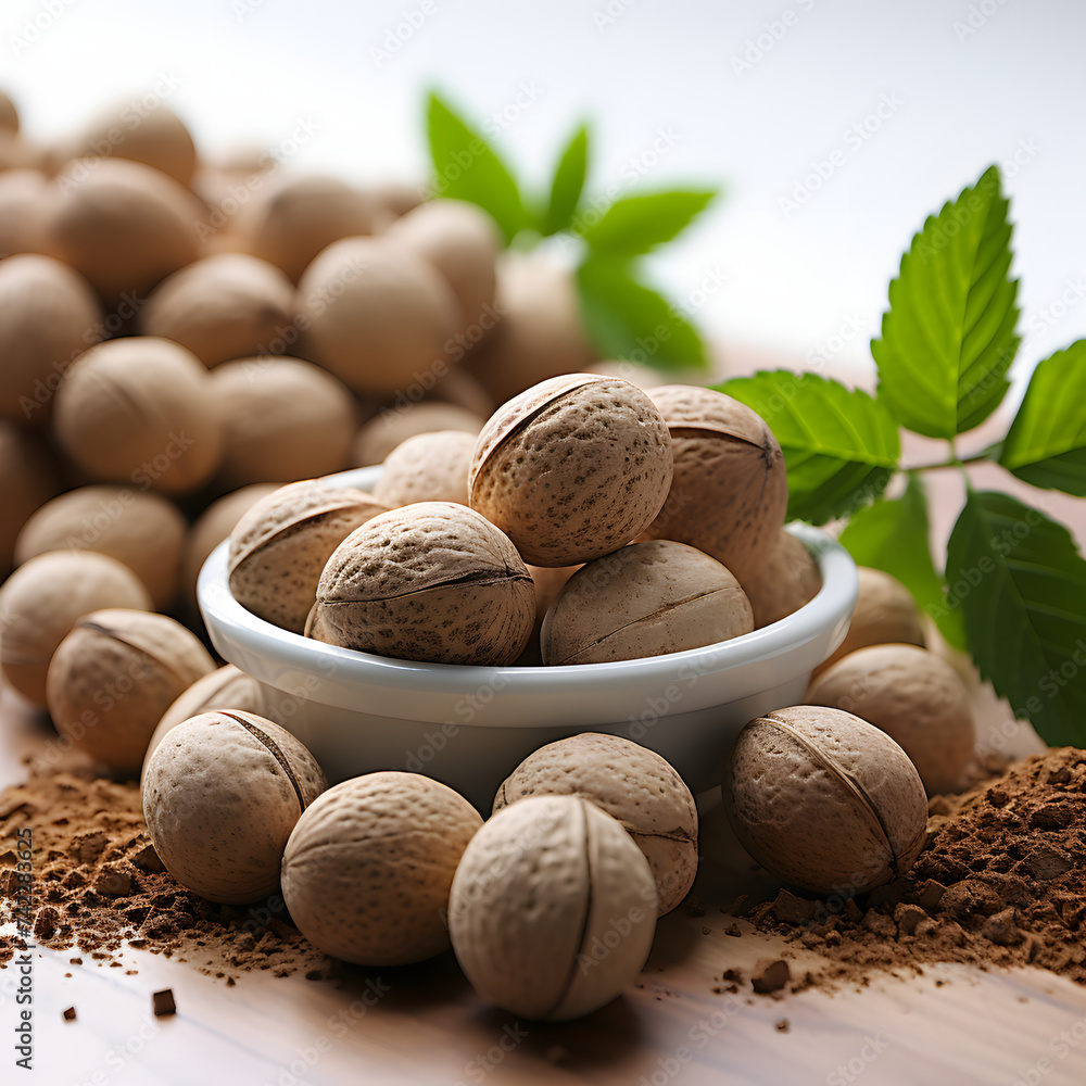 Pile of Nutmeg and Nutmeg Powder Isolated on White Background