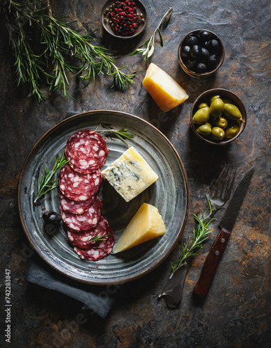 Herzhafte Salami mit würzigem Parmesan und eingelegten Kapern auf dunkler Granitplatte Darkfood Draufsicht Topview