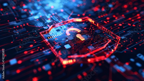 Digital padlock symbolizing cybersecurity on an intricate electronic circuit board with glowing red connections.