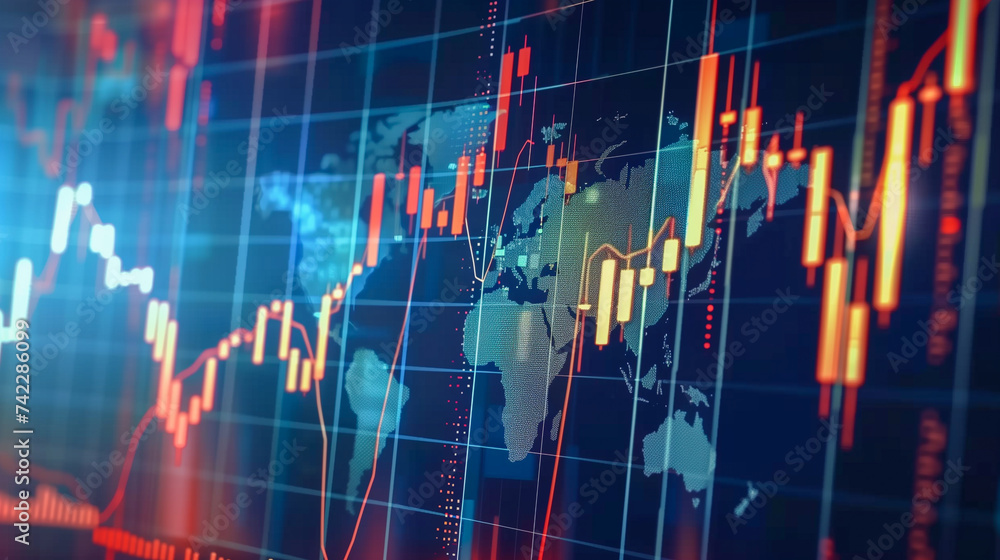 モニタに出力された株価チャートと世界地図 モニタに出力された株価チャートと世界地図