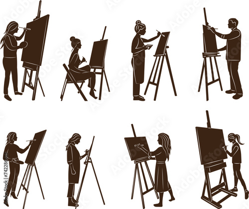 silhouette people painting at an easel, artists set on a white background vector