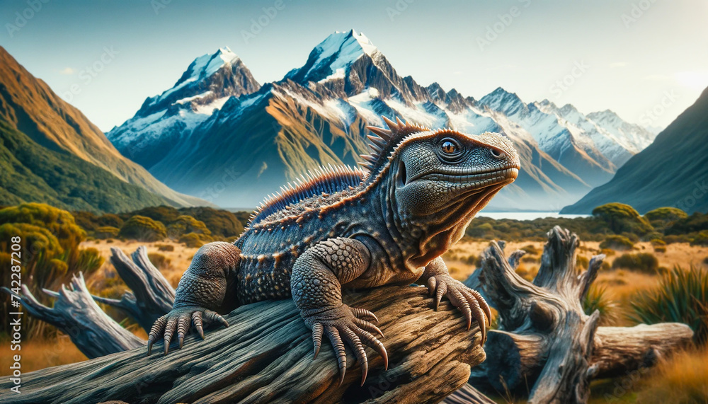 Tuatara, an ancient reptile native to New Zealand, close-up portrait. - obrazy, fototapety, plakaty 