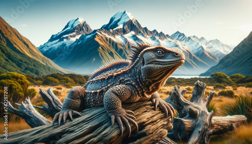 Tuatara, an ancient reptile native to New Zealand, close-up portrait. photo