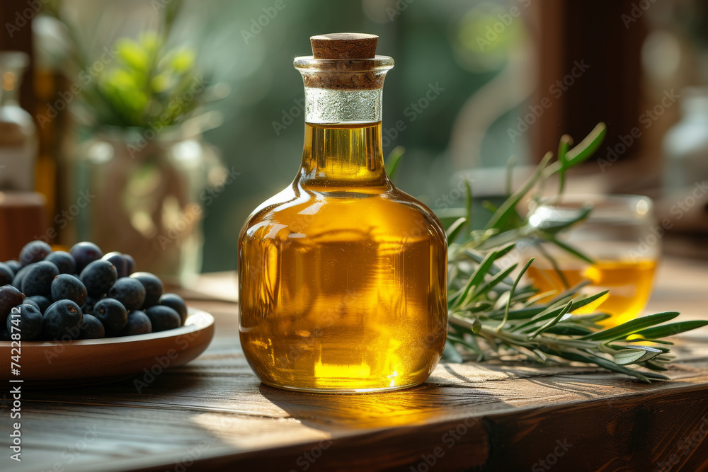 Olive Oil and Olives on Wooden Table at Sunset A rustic setting of olive oil glass bottle and a bowl jug of mixed liquid extra virgin olives on a wooden table in windows plant background Olive Oil and Olives on Wooden Table at Sunset A rustic setting of olive oil glass bottle and a bowl jug of mixed liquid extra virgin olives on a wooden table in windows plant background