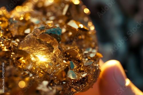 A person's hand presenting a large gold nugget with the entrance to a mine visible in the background, symbolizing successful prospecting.