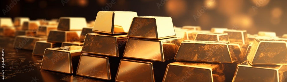 Ai generated ofGold bars Gold ingot, bullion gold, bank vault, stacked image. close up many pure gold bar ingot put on the black color with bokeh surface. many pile of gold bars in golden background. Ai generated ofGold bars Gold ingot, bullion gold, bank vault, stacked image. close up many pure gold bar ingot put on the black color with bokeh surface. many pile of gold bars in golden background.