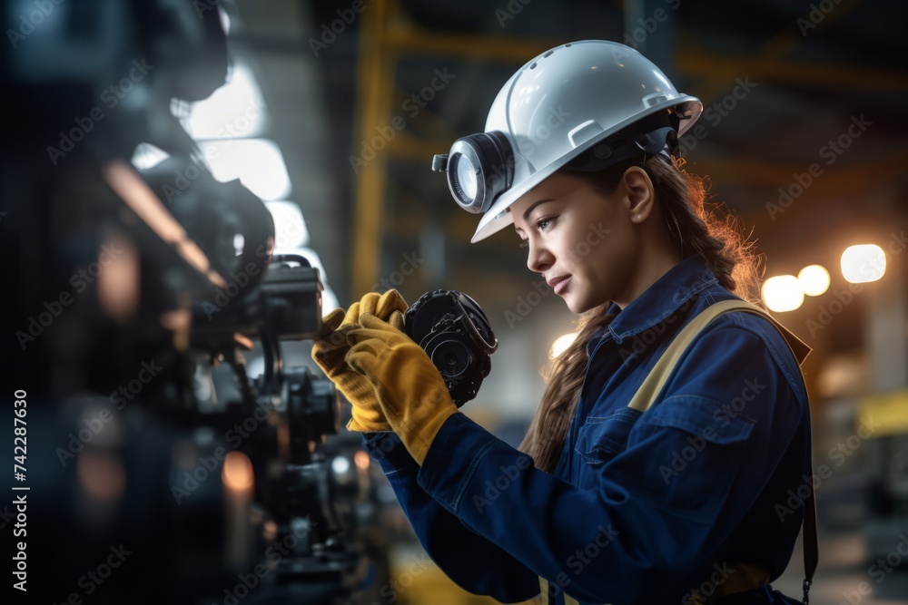 Ai generated of woman engineer in uniform helmet inspection check control heavy machine construction installation in factory. technician worker check for repair maintenance electronic operation. Ai generated of woman engineer in uniform helmet inspection check control heavy machine construction installation in factory. technician worker check for repair maintenance electronic operation.