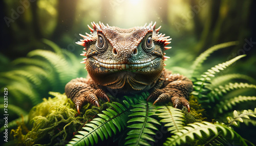 Tuatara, an ancient reptile native to New Zealand. The tuatara is surrounded by lush green ferns, close-up portrait. photo