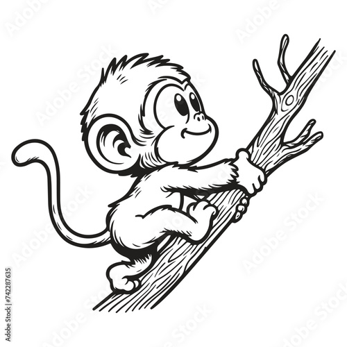 line art of monkey cartoon climbing the branch of tree vector