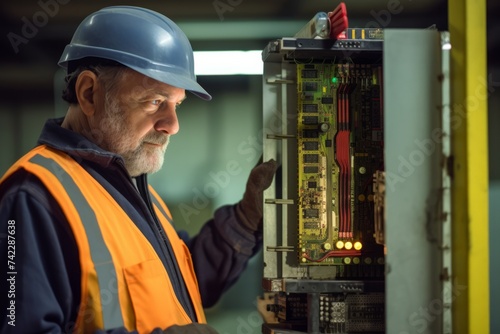 Ai generated of elderly Man Electrician engineer check tester measuring voltage current of power electric line in electricity cabinet control. Electrician Workers use meter to measure circuit board.