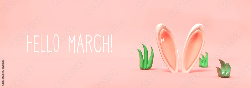 Hello March message with rabbit ears - obrazy, fototapety, plakaty 