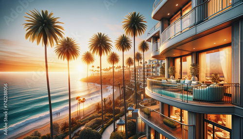 Charming beachfront in California during the golden hour of sunset. The scene is serene with a row of elegant houses nestled among lush palm trees.