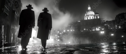 Two Black Mafia Men In Black Raincoats Are Walking Along A City Street. Generated AI