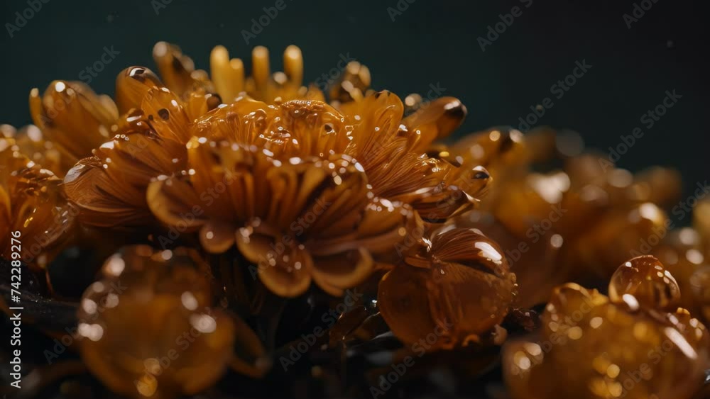 Background animation video of golden liquid, honey, in mid-drip, showcasing the viscosity and glossy texture of the fluid Background animation video of golden liquid, honey, in mid-drip, showcasing the viscosity and glossy texture of the fluid