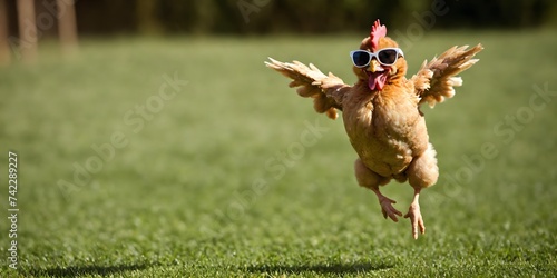 Portrait of a joyful jumping chicken in sunglasses against a light background. Promotional banner with copy space. Creative animal concept. photo