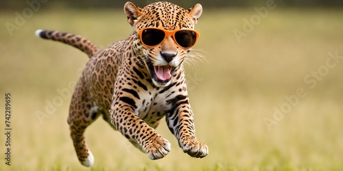 Portrait of a joyful jumping jaguar in sunglasses against a light background. Promotional banner with copy space. Creative animal concept.