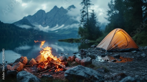 A cozy campsite with a tent and a campfire representing the couples dream of exploring nature and the great outdoors during their retirement.