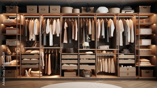 Generative AI Customized Wardrobe Storage ::1 visual of a customized wardrobe closet with adjustable shelves, compartments, and personalized organization photo