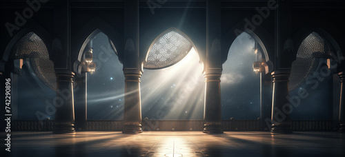 moon light shine through the window into Islamic mosque interior photo