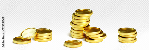 Stack of gold coin of different size. Realistic 3d vector golden metal money in pile. Financial and bank game or casino cash treasure. Heap of empty circular currency for profit and wealth concept.
