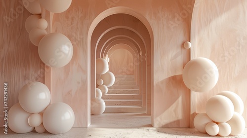 Peachy Dreams: Vibrant 3D Balloons Ascend through an Open Doorway_Generative AI