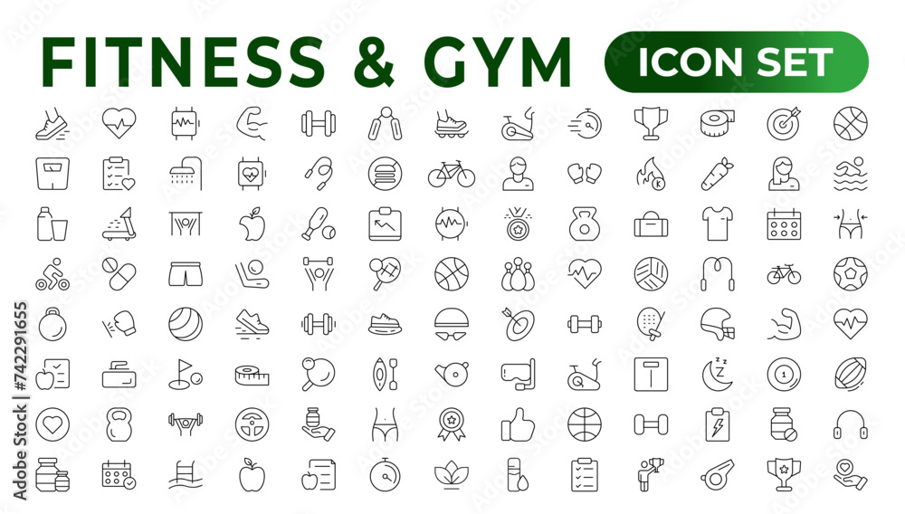 Set of Thin line icons Fitness and Sport. Collection Outline fitness, gym health care. Healthy lifestyle set. Active life - organic food, time management, scales, bicycle, hiking. Outline icon set.