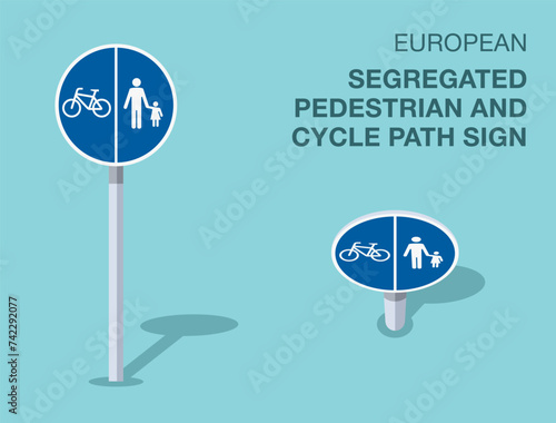 Traffic regulation rules. Isolated european segregated pedestrian and cycle path sign. Front and top view. Flat vector illustration template.