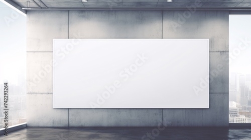 blank white horizontal billboard on city background during daytime, front view, mockup, advertising concept