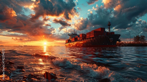 Generative AI Enormous cargo ship at sunset, containers stacked high, reflective ocean waters, dramatic sky, photorealistic depiction