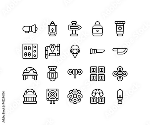 Simple icon of Building-related line icon. Contain such icons as tower, rope, passport, tent. Editable stroke.