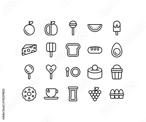 Simple icon of Food-related line icon. Contain such icons as orange, apple, candy, ice cream. Editable stroke.