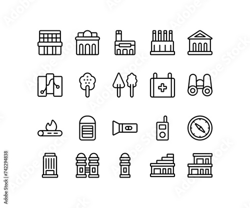 Simple icon of Building-related line icon. Contain such icons as tower, factory, compass, bank. Editable stroke.