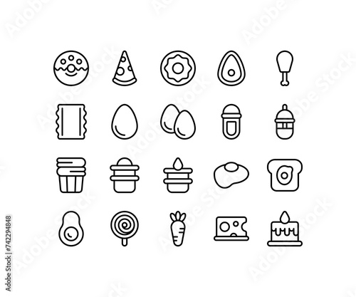 Simple icon of Food-related line icon. Contain such icons as donut, pizza, egg, avocado, slipper. Editable stroke.