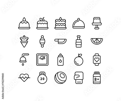Simple icon of Healthty-related line icon. Contain such icons as knife, cake, shower, bottle, candy. Editable stroke.