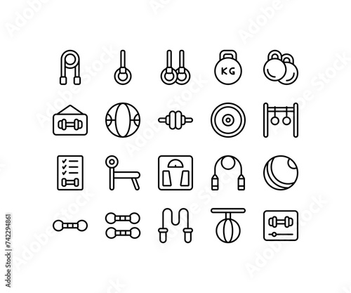 Simple icon of Cardio-related line icon. Contain such icons as jump rope, ball, weight pressure. Editable stroke.