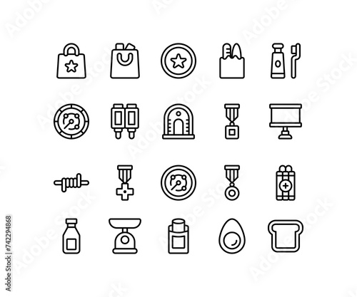 Simple icon of Military-related line icon. Contain such icons as radar, food, medal, dynamite. Editable stroke.