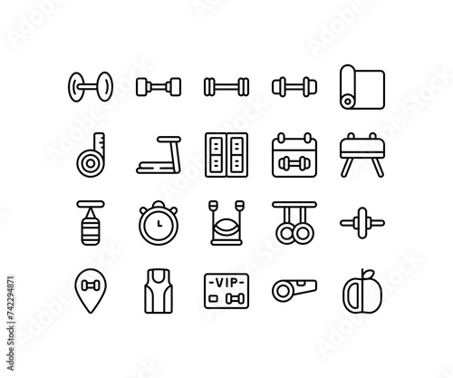 Simple icon of Excercise-related line icon. Contain such icons as mat, barbell, location, stopwatch. Editable stroke.
