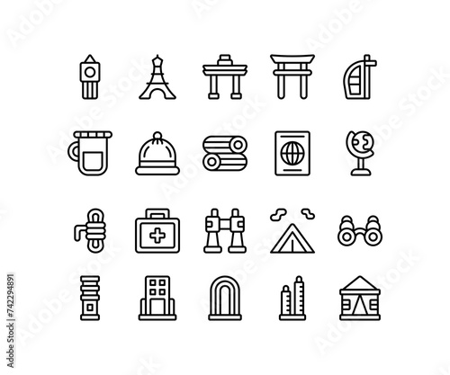 Simple icon of Building-related line icon. Contain such icons as tower, rope, passport, tent. Editable stroke.
