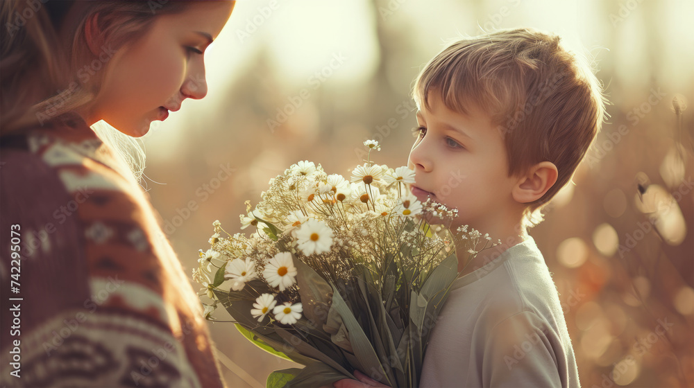 Boy gives flowers to mom Boy gives flowers to mom