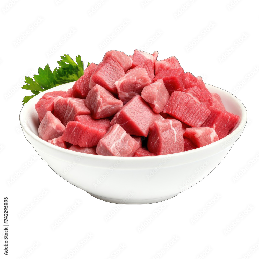 macroRaw beef cubes in a white ceramic bowl png macroRaw beef cubes in a white ceramic bowl png