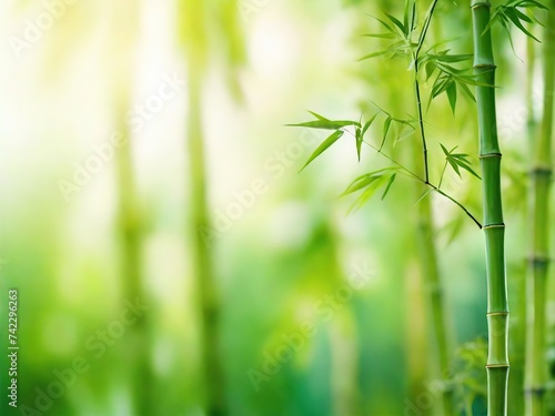 Background blurred light green, yellow, pastel colors, bamboo leaves on the right, diffused light