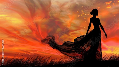 Silhouette of a solitary woman in a flowing dress against a dramatic and fiery sunset sky, evoking a sense of freedom and tranquility.
