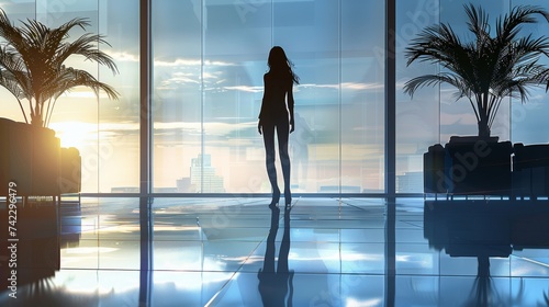 A silhouette of a woman sta...