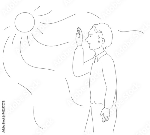 A man has heat stroke and sunburn on high temperatures in line drawing.