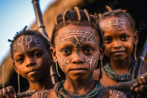 Children from a african tribe half naked with cultural tattoos make-up, cosmetics and wooden stone spear weapon. Ethnic groups of africa