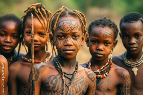 Children from a african tribe half naked with cultural tattoos make-up, cosmetics and wooden stone spear weapon. Ethnic groups of africa photo