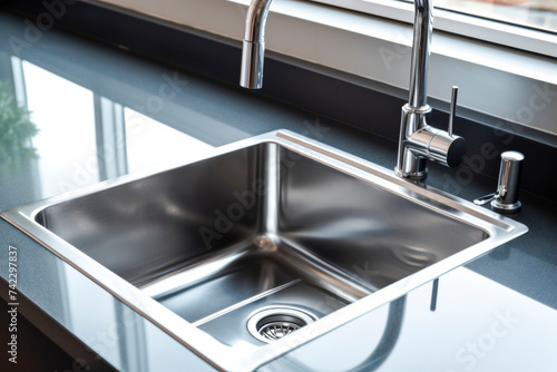 Close up stainless steel shiny perfectly clean kitchen sink with a tap