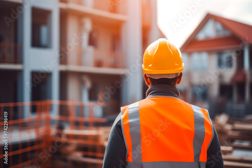 A construction engineer standing with his back and watches at a house building construction. wearing a helmet and orange safety vest
