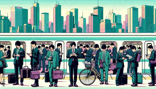 Concept vector illustration of businessmen commuting to work.