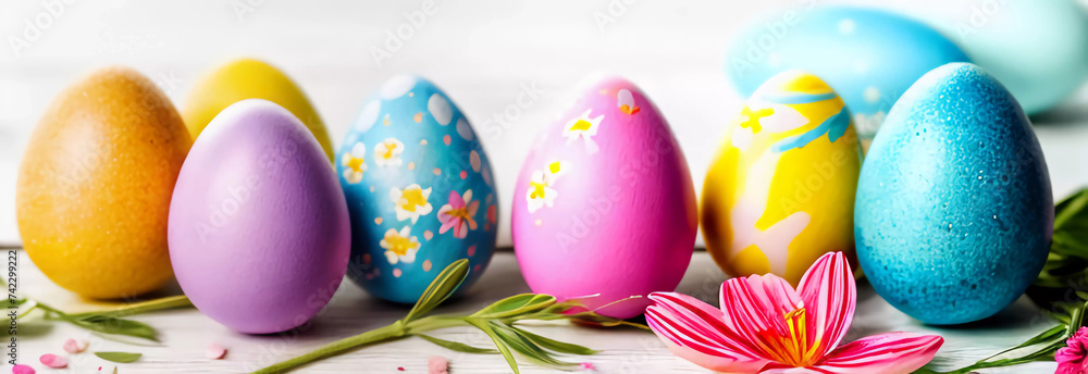 collection of Easter eggs. Banner for Easter holiday. Generative AI